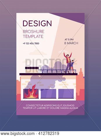 People Calling For Help On Top Of Fire Building. Accident, Smoke, Victim. Flat Vector Illustration. 