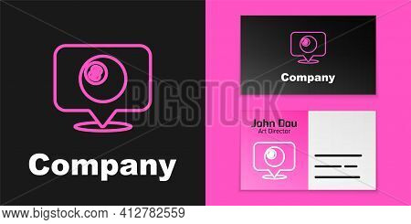 Pink Line Map Pointer With Billiard Pool Snooker Ball With Number 8 Icon Isolated On Black Backgroun