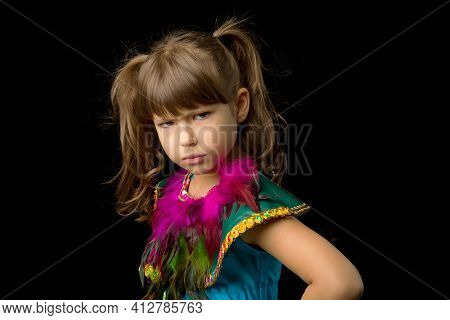 Portrait Of Girl With Angry Face Expression. Beautiful Preteen Girl Dressed Colorful Ethnic Costume 