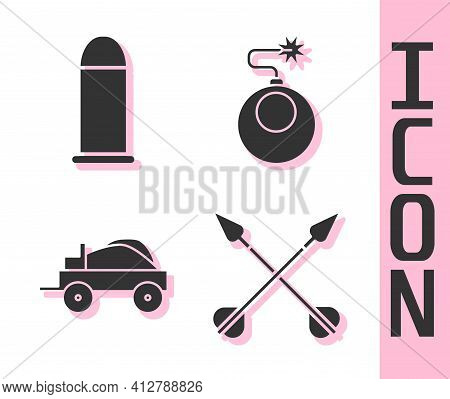 Set Crossed Arrows, Bullet, Wild West Covered Wagon And Bomb Ready To Explode Icon. Vector