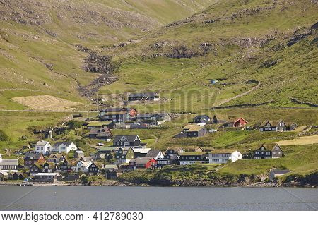Faroe Islands Picturesque Coastline Village Of Bour. Vagar Island Landscape
