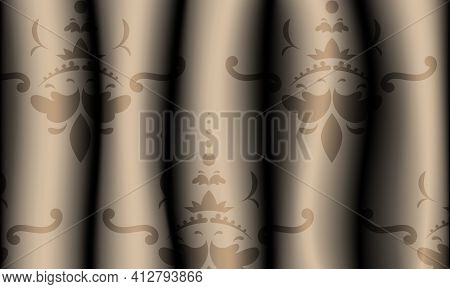 Realistic Beige Patterned Fabric Curtains. Pattern On Drapes. Vector Illustration.