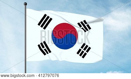 3d Illustration Of The Flag Of South Korea, The Taegukgi, Has Three Parts: A White Rectangular Backg
