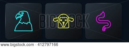 Set Line Eagle Head, Snake And Sheep. Black Square Button. Vector