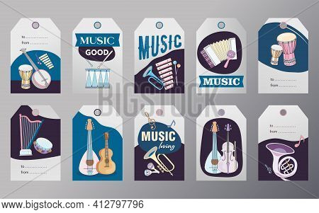 Trendy Special Tag Designs With Musical Instruments. Cartoon Drum, Viola, Guitar And Tube On Grayish
