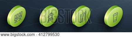 Set Isometric Line Stereo Speaker, Barbecue Grill, Matches And Glass Of Beer Icon. Vector