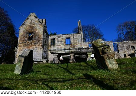 A View Of The Ruins Of The Medieval Stone Church Building Of St. Bridgets On The Shoreline At Dalget