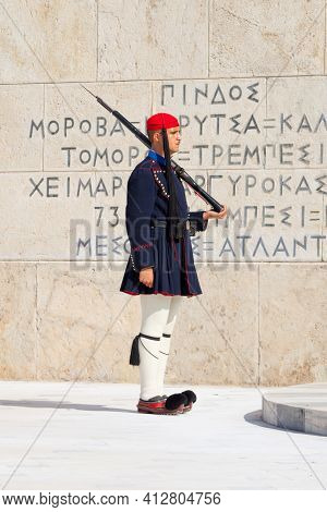 Athens, Greece - October 20, 2016: Evzone Or Evzoni Guarding The Tomb Of The Unknown Soldier At The 