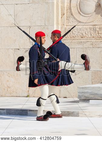Athens, Greece - October 20, 2016: Evzone Or Evzoni Guarding The Tomb Of The Unknown Soldier At The 