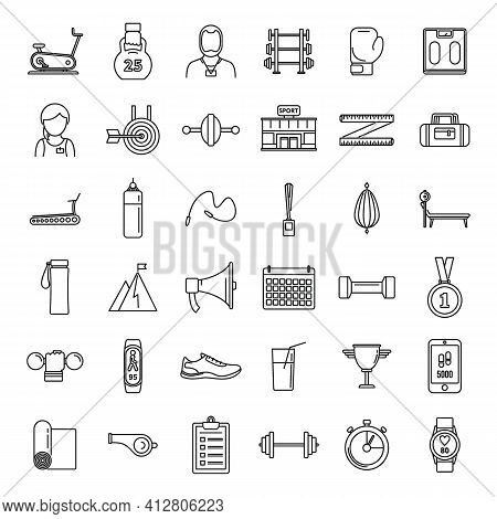 Gym Personal Trainer Icons Set. Outline Set Of Gym Personal Trainer Vector Icons For Web Design Isol