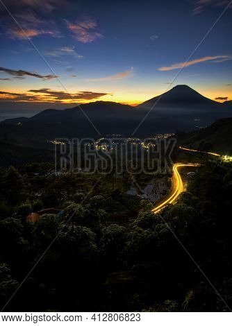 Light Trail, Panoramic Mountain Sunrise, Located In Bukit Sekapuk, Wonosobo Regency, Indonesia.