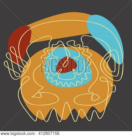 Abstract Vintage Telephone, One Line Outline Consisting Of Male And Female Faces, Phone Dial, Handse