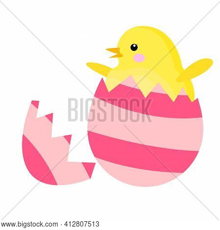 Chicken Hatched From The Easter Egg. A Newborn Farm Chicken. Little Hen. The Celebration Of Easter. 