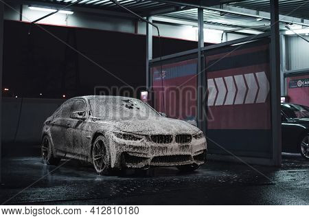 Kyiv, Ukraine - November 2019. Bmw M3 F80 At The Night Car Wash Station.