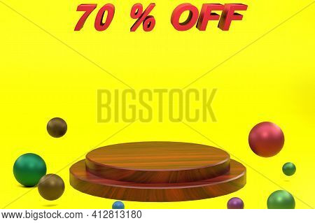 3d Rendering Of Seventy Percent, Yellow Background And Display Wooden Texture. Perfect For Backgroun