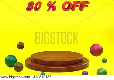 3d Rendering Eighty Of Percent, Yellow Background And Display Wooden Texture. Perfect For Background