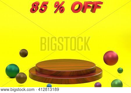 3d Rendering Of Eighty Five Percent, Yellow Background And Display Wooden Texture. Perfect For Backg
