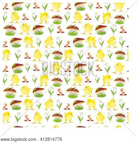 Seamless Pattern With Worm, Mushroom And Chicks. Stock Vector Illustration Isolated On White Backgro