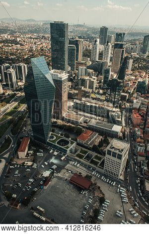 Aerial View Of Kristal Kule Finansbank Headquarters And Buildings In Istanbul, Turkey.