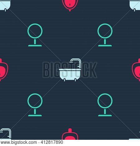 Set Toilet Urinal Or Pissoir, Bathtub And Round Makeup Mirror On Seamless Pattern. Vector