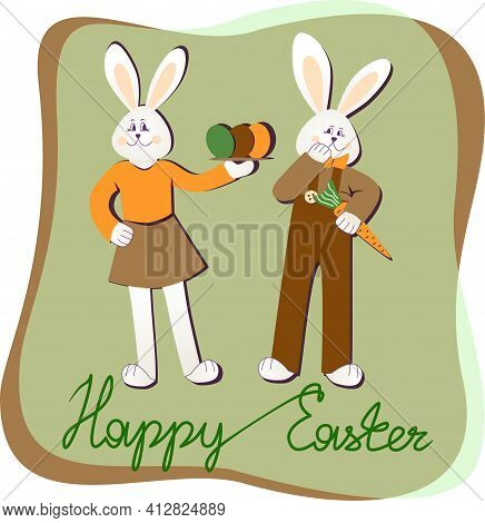 Happy Easter Postcard Rabbit, Eggs, Carrot, One Line Text