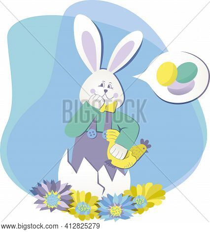 Cute Funny Easter Illustration, Rabbit, Eggs, Chicken, Flowers, Amusing Story, Tender Color, Vector 
