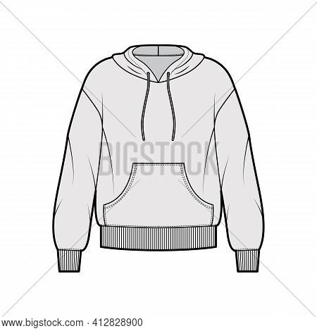 Hoody Sweatshirt Technical Fashion Illustration With Long Sleeves, Oversized Body, Kangaroo Pouch, K