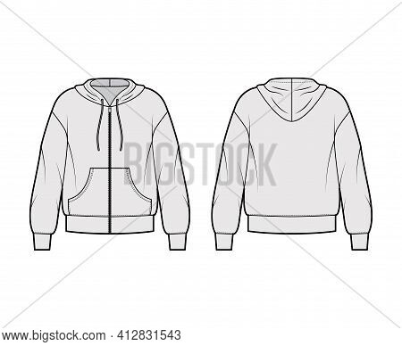 Zip-up Hoody Sweatshirt Technical Fashion Illustration With Long Sleeves, Oversized Body, Kangaroo P