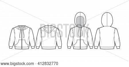 Set Of Zip-up Hoody Sweatshirt Technical Fashion Illustration With Elbow Sleeves, Relax Body, Kangar