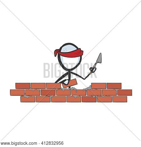 Construction Worker Laying Bricks. Vector Simple Stickman. Building Installing Red Bricks House. No 