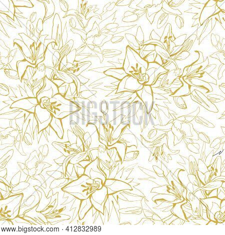 One Line Outline Seamless Pattern With Sketch Of Blossom Lilies Flowers, Buds And Leaves Drawn By Ha