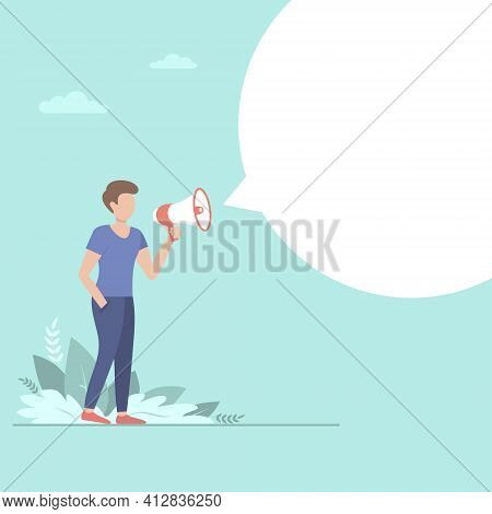 Man With A Megaphone And Blank Bubble Chat Vector Flat Illustration.
