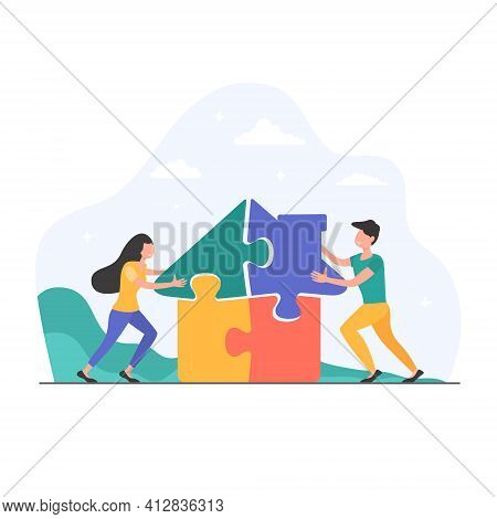 Man And Woman Build A House From Puzzles Vector Flat Illustration.