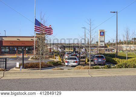 Columbia County, Ga Usa - 02 23 21: Chick Fil A Restaurant Governor Ordering Flags Half-staff For Ru