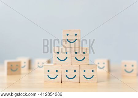 Wooden Cube Block Shape With Icon Face Smiley, The Best Excellent Business Services Rating Customer 