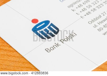 Pruszcz Gdanski, Poland - March 16, 2021: Logo Of Pko Bank Polski S.a. (pko Bp) On Business Card.