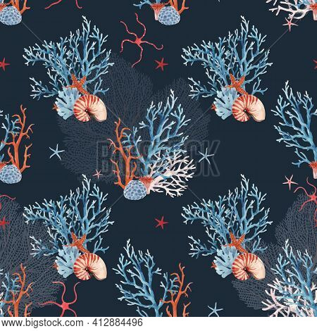 Beautiful Vector Seamless Underwater Pattern With Watercolor Sea Life Coral Shell And Starfish. Stoc
