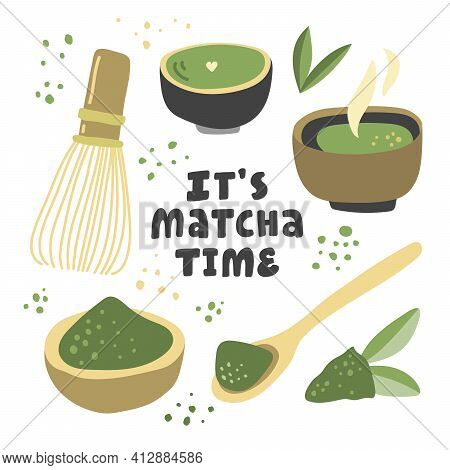 It Is Matcha Time. Vector Hand Drawn Matcha Illustration On Contrast Background. Cake, Macaroons, Sp