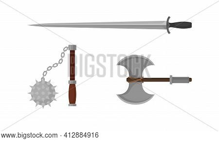 Medieval Cold Steel Arms Or Blade Weapon With Hatchet And Dagger Vector Set