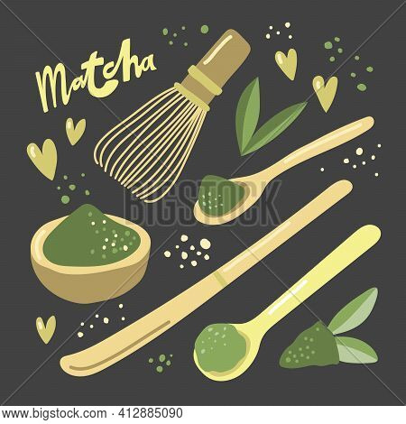 Vector Hand Drawn Matcha Illustration On Contrast Background. Cake, Macaroons, Spoon, Bamboo Whisk, 