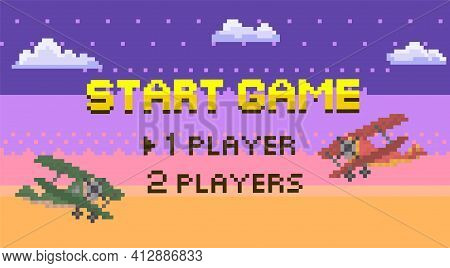 Game Start And Player Selection Interface. Pixel Game Home Page. Air Transport Flying In Sky
