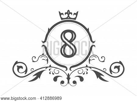 Stylized Number 8. Ornament And Crown Monogram Template For Business Cards, Logos, Emblems And Heral