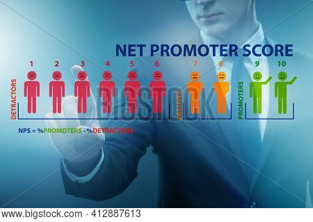 Net Promoter Score NPS concept with businessman pressing virtual
