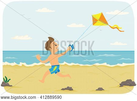 Boy On Beach Having Fun And Playing With Colorful Air Toy. Child Running After Kite Along Shore