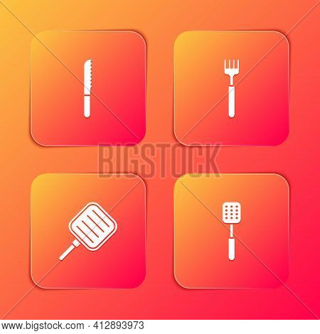 Set Bread Knife, Fork, Frying Pan And Spatula Icon. Vector