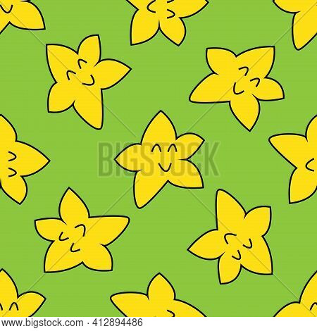 Seamless Pattern With Smiling Yellow Stars On Green Background.