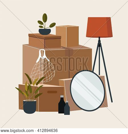 A Set Of Cardboard Boxes For Moving. Logistics And Transportation. Warehouse Storage. Vector Stock I