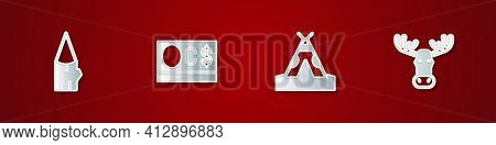 Set Wooden Log, Canadian Dollar, Indian Teepee Or Wigwam And Moose Head With Horns Icon. Vector