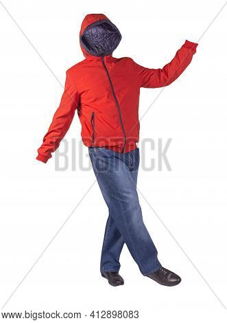 Dark Blue Jeans, Black Leather Shoes,red Jacket With A Hood Isolated On White Background. Casual Sty