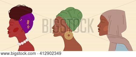 Set Of Colorful Vector Illustrations Of African Women In Various Traditional Headscarves And Accesso